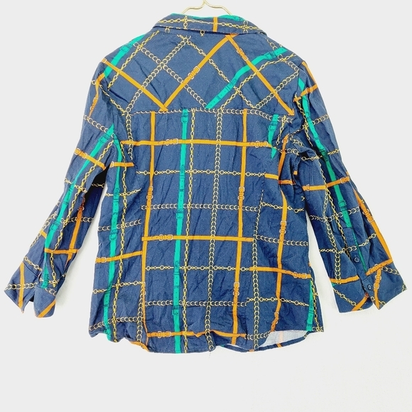 7th Avenue Design New York & Company Blue Chain Square Button Down Shirt P3039 - Picture 4 of 9